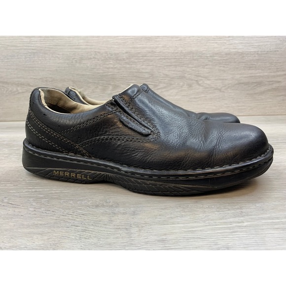 Merrell Men's Black Leather Slip On Loafers World Map Sole 10.5 Casual Shoes
